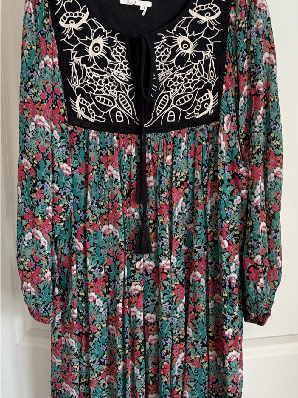 Anthropologie Floral Tie-Neck Long Sleeve Dress in Multicoloured Print